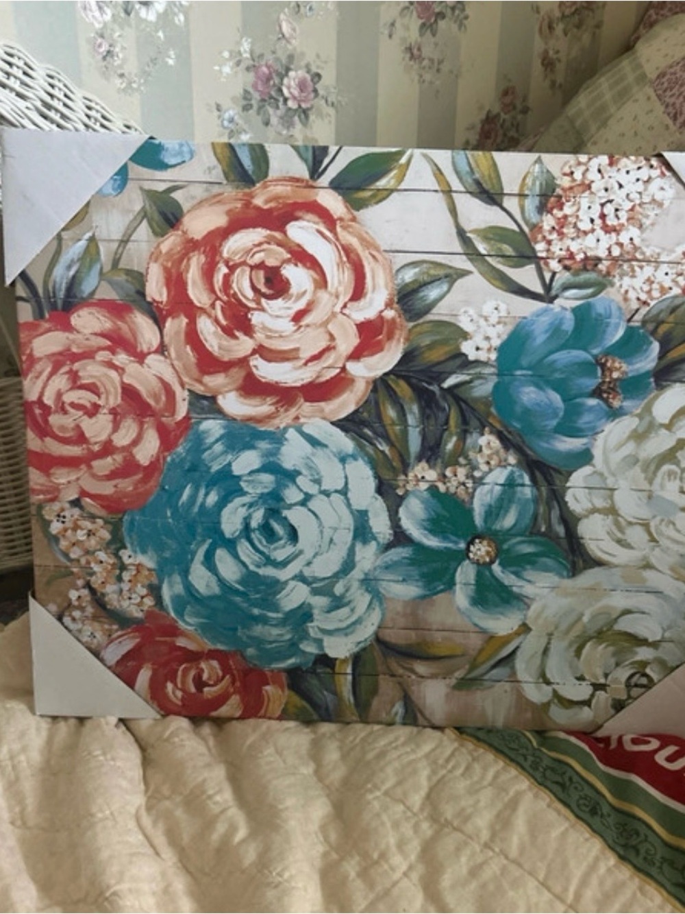 Floral Canvas Wall Art in Teal, Coral, and Cream - Home Accents
